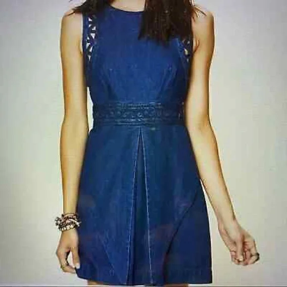 Free People New Romantics Highland Lattice Denim Dress - Picture 1 of 10